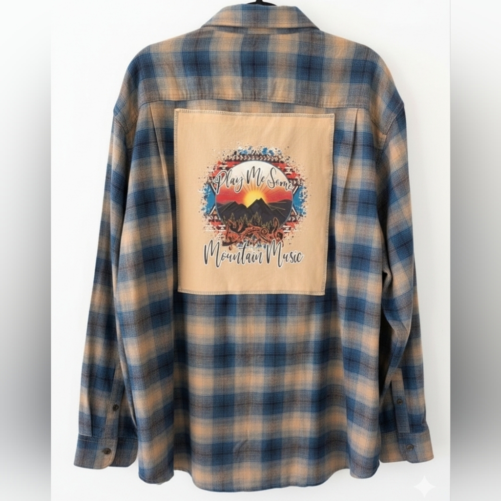 Mountain Music Alabama Band Upcycled Plaid Shirt Hand Crafted